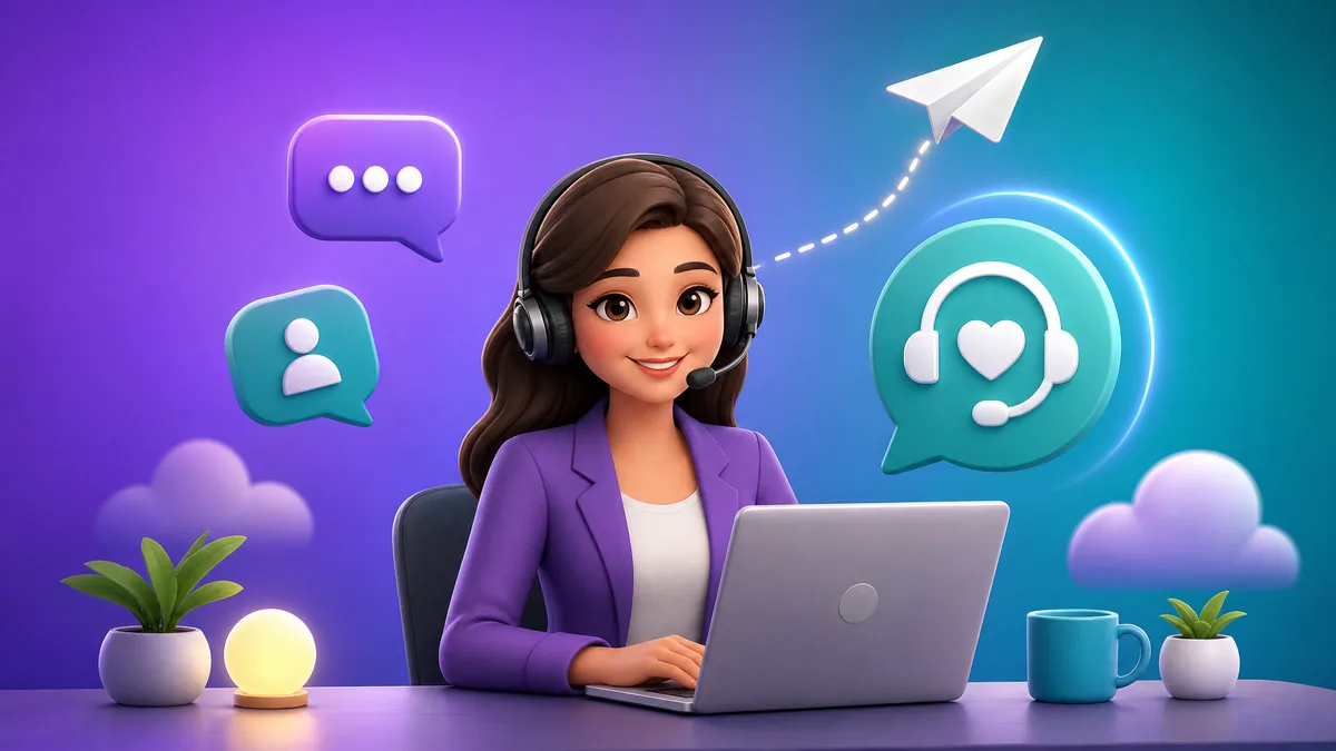 Ilustrasi agen layanan pelanggan dengan headset dan laptop