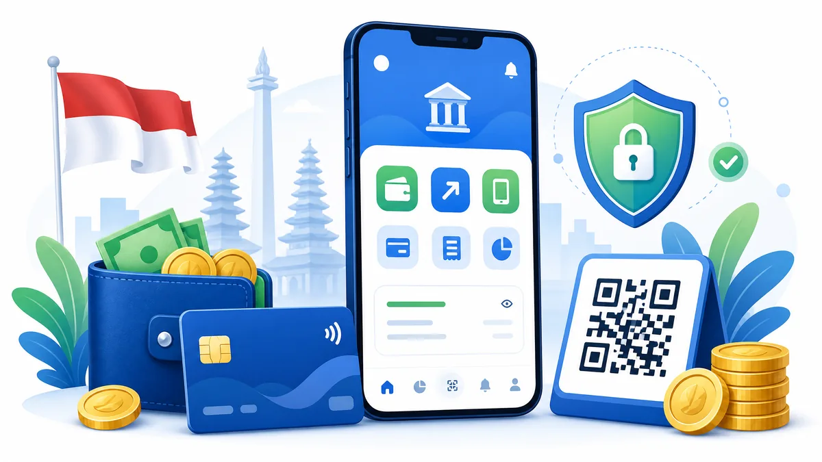 Ilustrasi metode pembayaran digital Indonesia: bank, dompet digital, dan QRIS