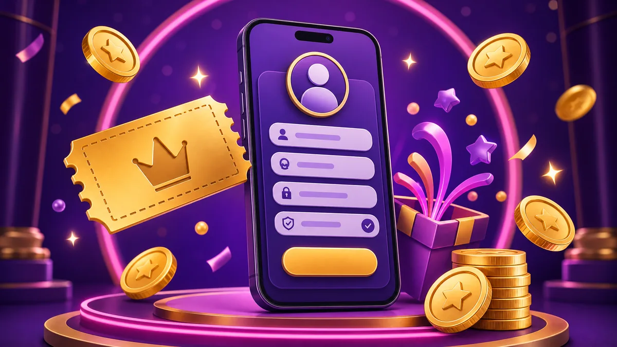 Ilustrasi pendaftaran akun melalui ponsel dengan tiket emas